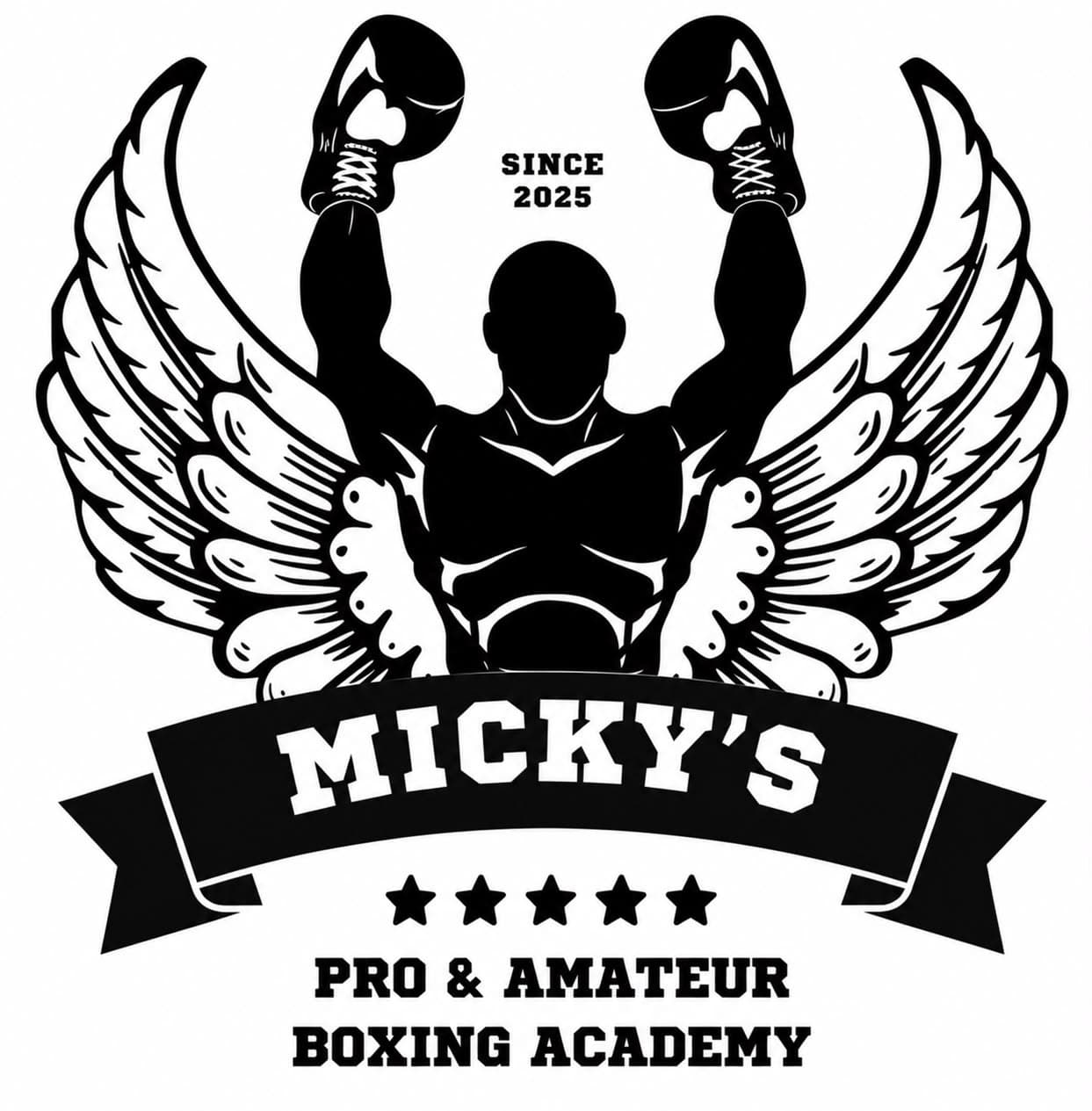 Micky's Boxing Academy crest, a winged boxer with arms raised above a MICKY'S banner and the words Pro & Amateur Boxing Academy